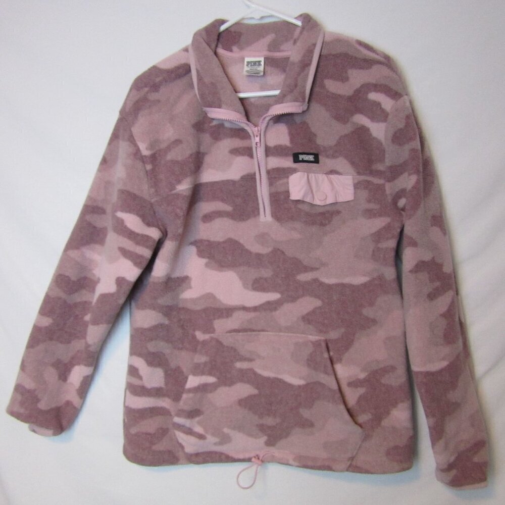 Victoria Secret Sweatshirt Pink Camo 1/4 Zip Fleece Jacket Pockets Cozy Medium